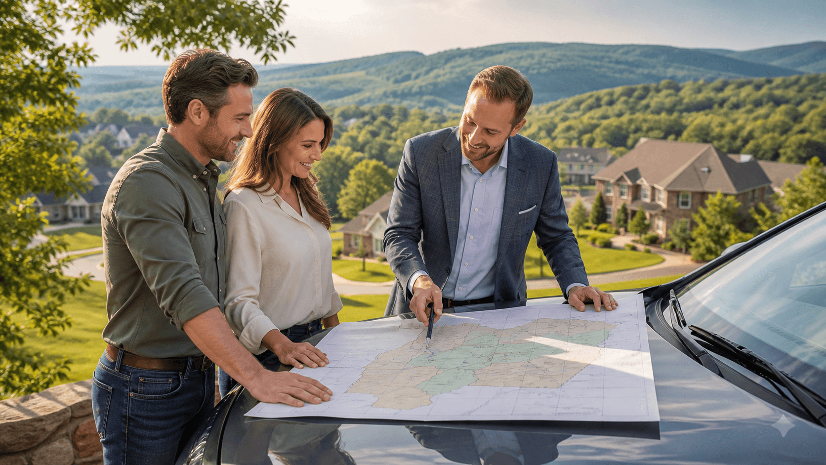 Aerial view of St. Clair County neighborhoods, green hills, and winding roads under a bright blue sky.