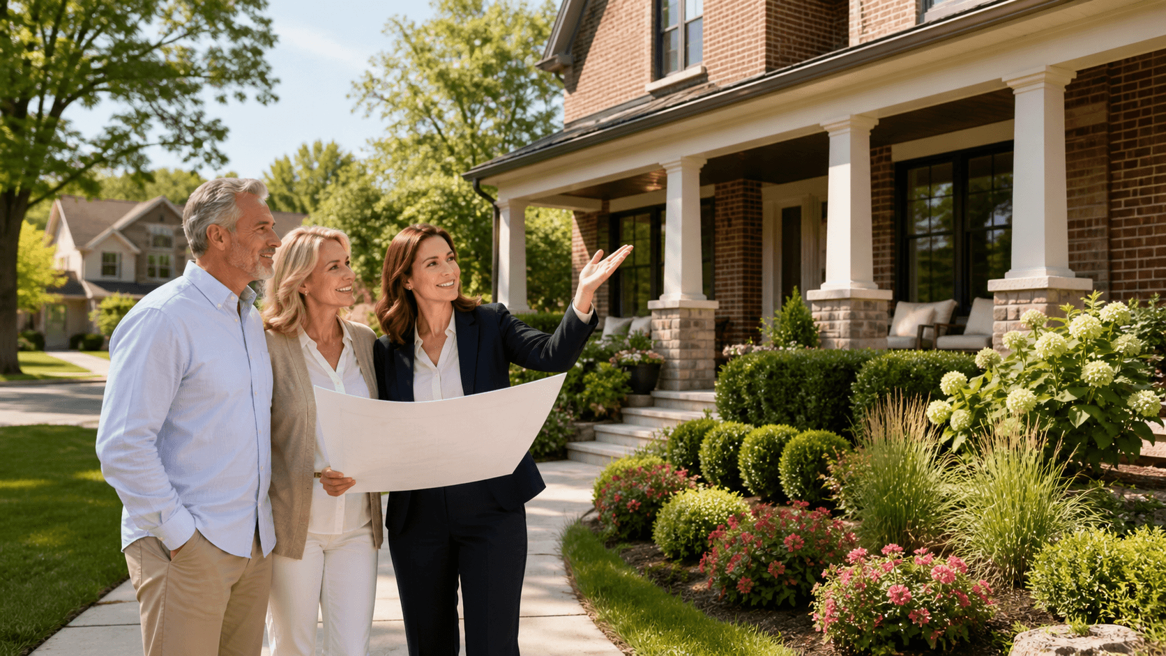 Sunlit suburban home with a sold sign, moving boxes, and a family viewing the front yard.