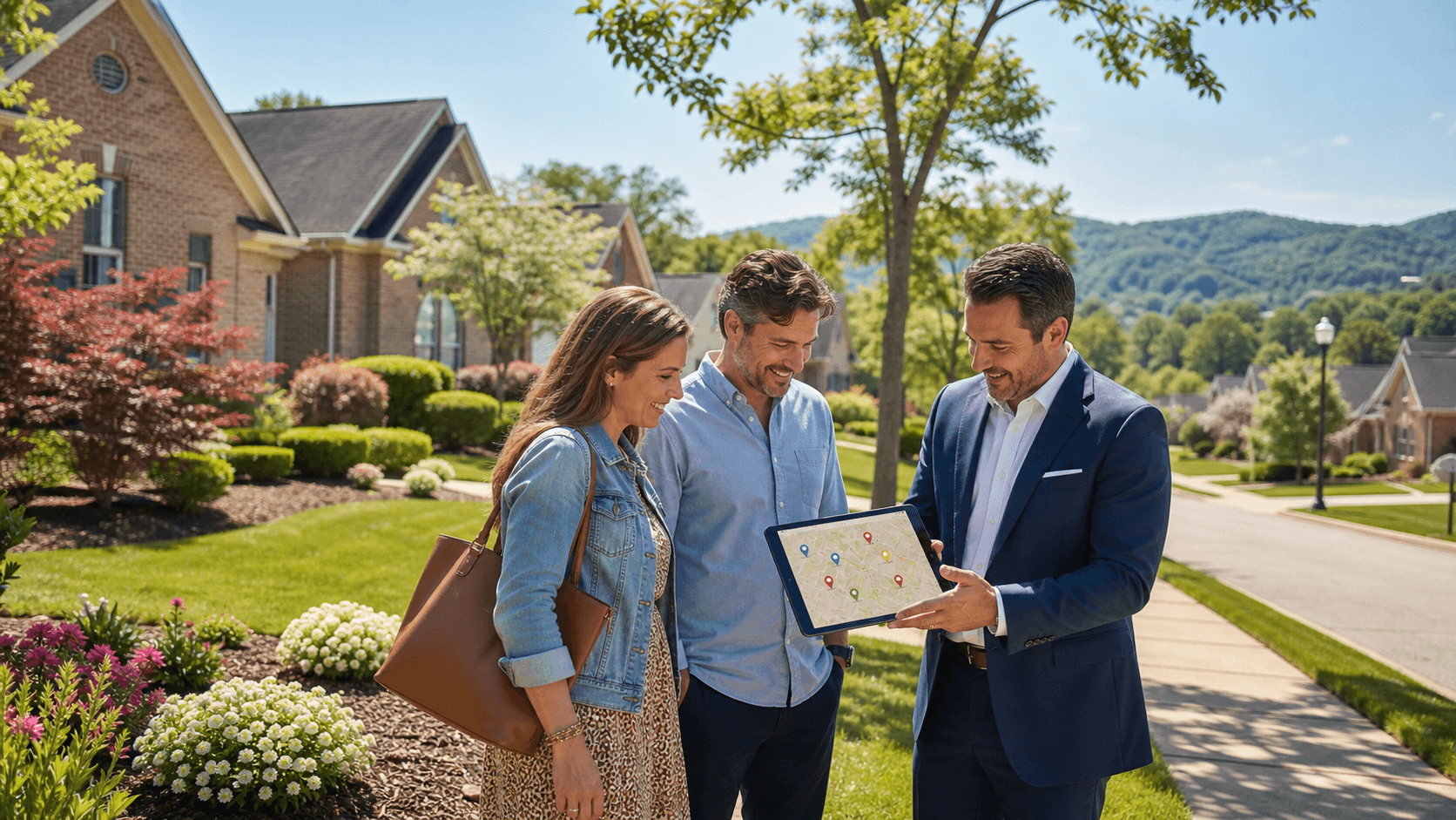 Sunlit suburban street with brick homes, leafy trees, and a map pin graphic over a neighborhood map.