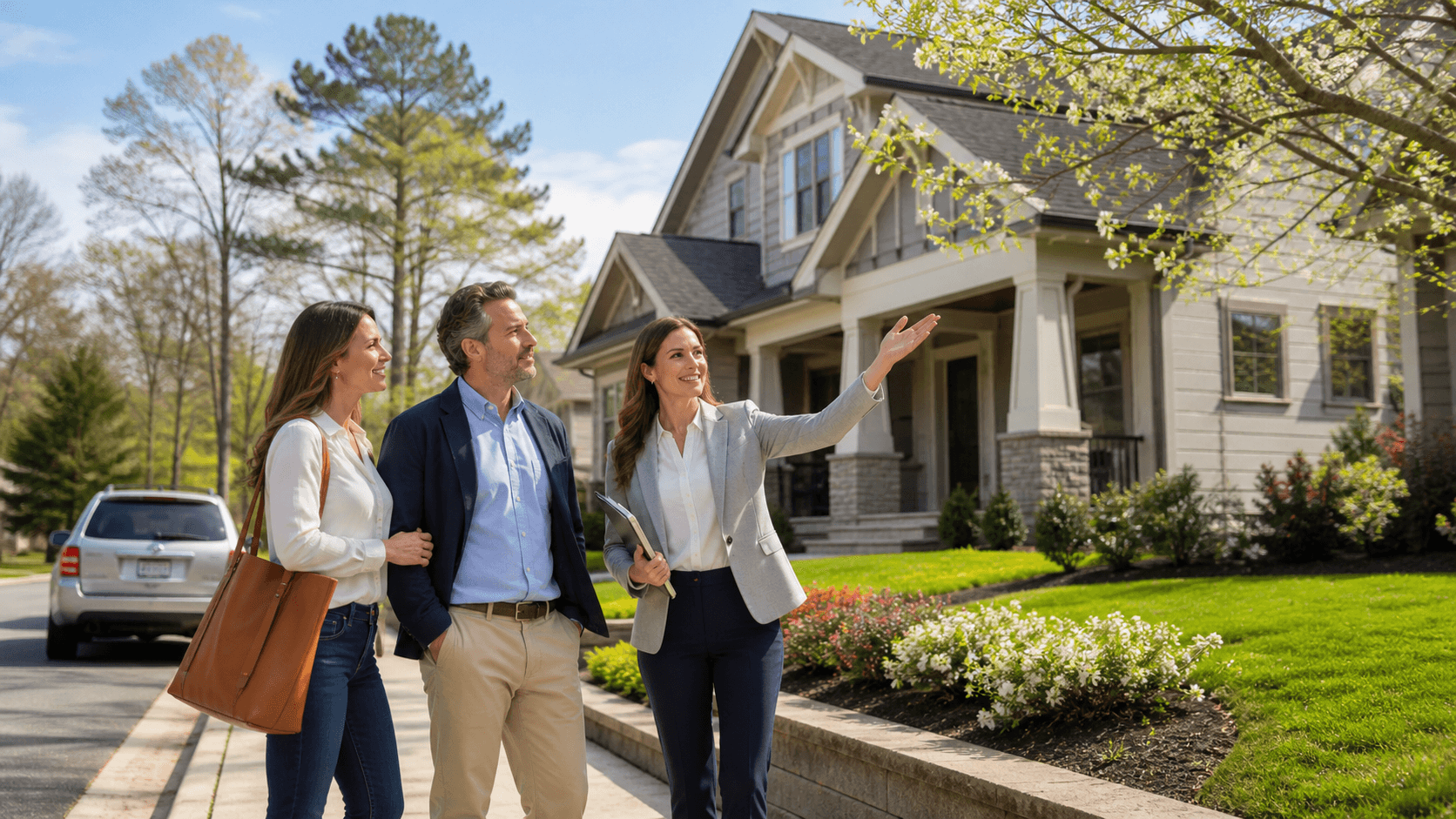 Sunlit suburban homes and a red map pin over a Jefferson County street map in blue and green tones.