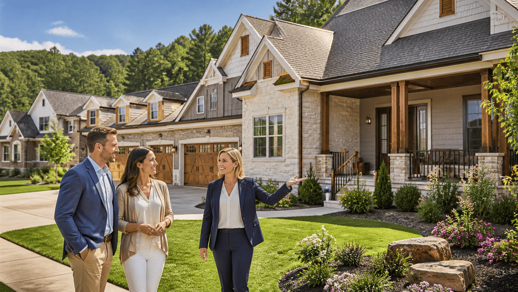 Sunlit suburban home with brick facade, manicured lawn, and a clear blue Alabama sky.