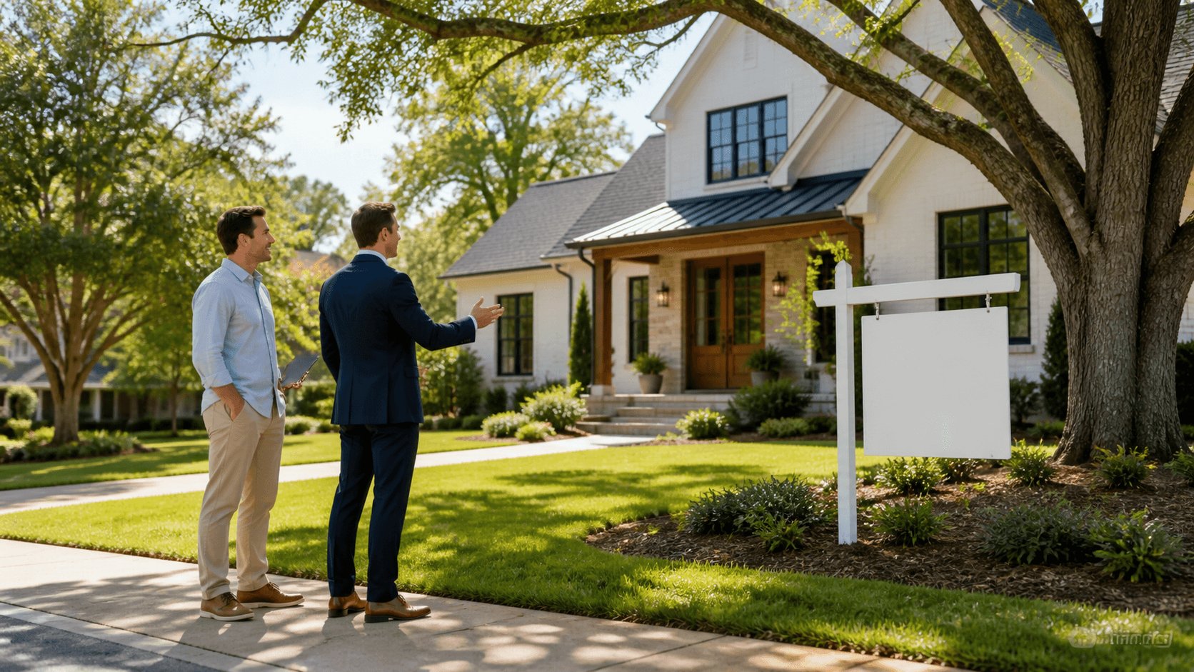 Sunlit suburban home with a green lawn, trees, and bold text over a blue sky background.