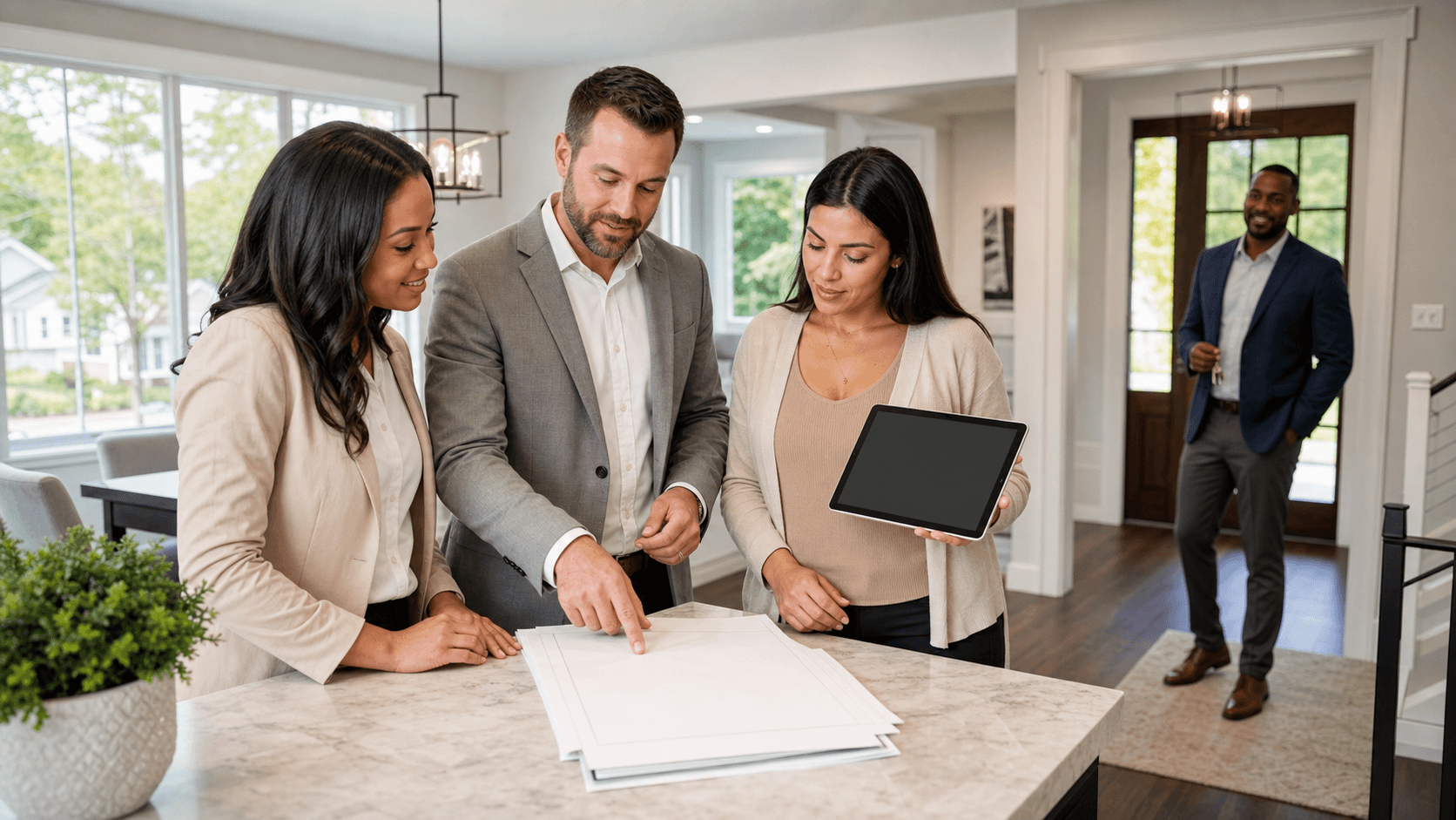 Smiling couple reviews paperwork with a realtor at a bright kitchen table, warm daylight and a house key in view
